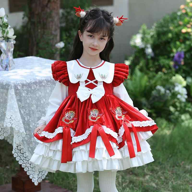 衣裳 お嬢さん お嬢さん服 ちびっ子服 キッズ 春夏 赤 赤いこと 辰年 龍柄 祝賀会服 干支 ロリータ ロリィタ 姫御前 刺しゅう 天鵝絨 天鵞絨 長袖 A伝達ルート 綿裏地 フォーマル 出来事 寄り合い 告げ知らせる会