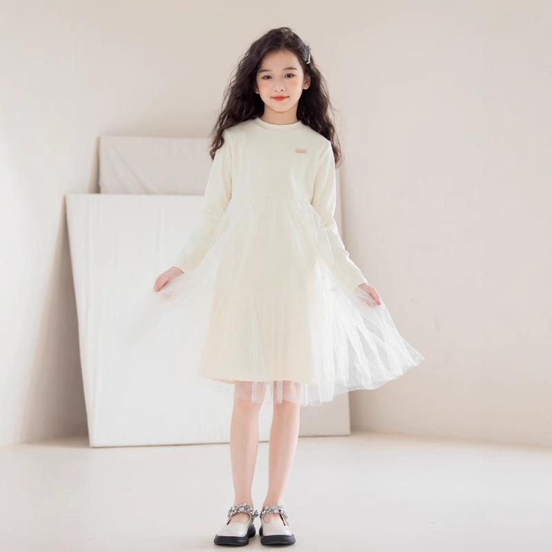 ワンピース 女の子 ジュニア 長袖 切り替え チュール ボリュームスカート 春秋 かわいい ガーリー 無地 普段使い 高身長 ポリエステル アイボリー