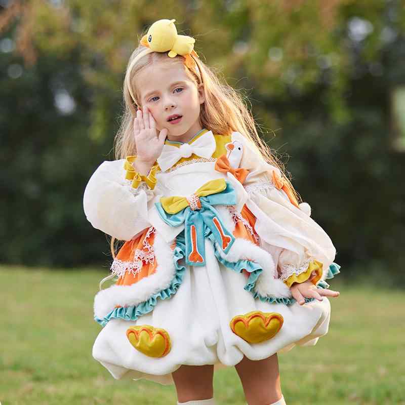 ワンピース キッズ 女児 秋冬 ロリータドレス プリンセス ベロア 厚手 長袖 かわいい 高級感 ふんわり ボリューム 子供服 ホワイト お出かけ 発表会 イベント