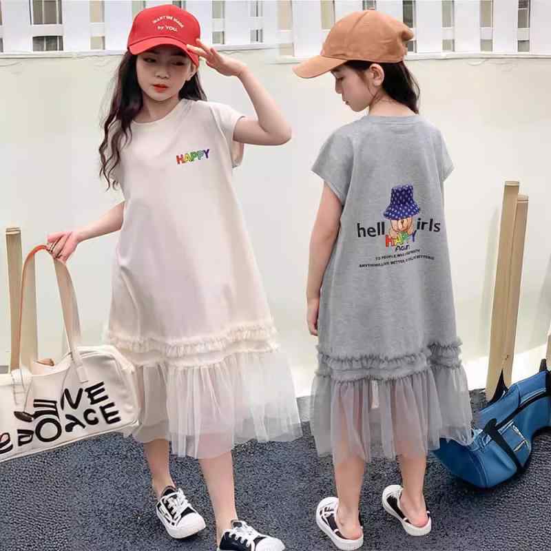 ワンピース 女の子 子供 ジュニア ガールズ 半袖 Tシャツワンピース コットン 綿混 メッシュ チュール 切り替えデザイン ミドル丈 膝下丈 ロング丈 トレンド おしゃれ 韓国ファッション カジュアル 普段使い 夏物 グレー 裏地コットン