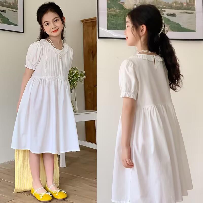 ワンピース 女の子 キッズ 小学生 白 ホワイト 夏 綿 コットン 半袖 フリル レース ゆったり フレア Aライン パフスリーブ ボリューム袖 プリンセス 韓国風 カジュアル お出かけ