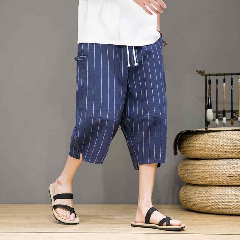 パンツ メンズ 春夏 中国風 日系 ストライプ 綿麻 リネン 七分丈 クロップド ゆったり 大きいサイズ ワイド テーパード バルーン ドローストリング イージーケア 普段使い リラックス