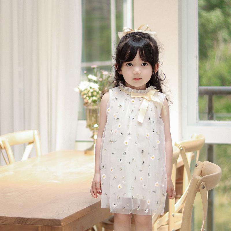 キャミソールワンピース キッズ 女の子 小花柄 薄手 プリンセスライン かわいい 華やか Aライン 夏 オーガンジー 裏地綿 イエロー お出かけ 普段使い
