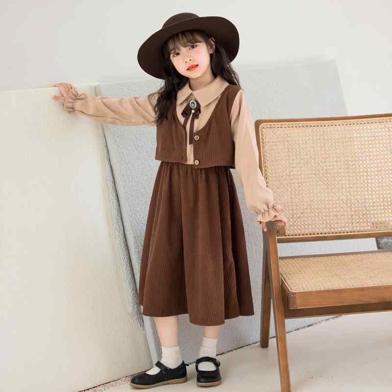 ワンピース キッズ 女の子 ジュニア 親子ペア 春秋 スクール風 韓国風 ブリティッシュ風 長袖 Aライン コーデュロイ 綿 コットン