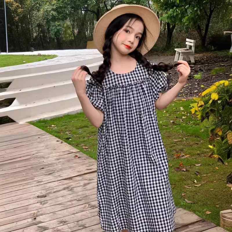 ワンピース 女の子 キッズ 夏 コットン チェック柄 半袖 Aライン おしゃれ かわいい プリンセス リゾート 普段着 カジュアル 韓国系 ジュニア
