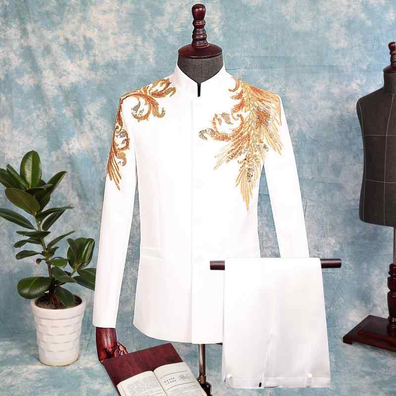 中山服 メンズ 中国風 刺繍 結婚式 パーティー 披露宴 司会者 礼服 合唱 舞台衣装 発表会 フォーマルウェア ポリエステル混紡 春夏