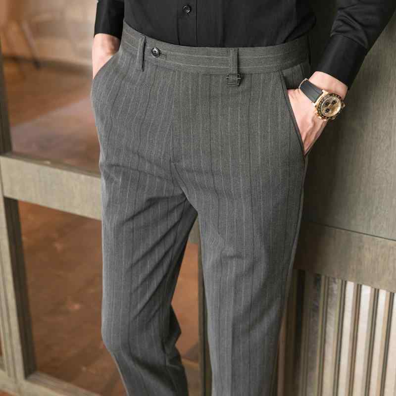 パンツ メンズ 男性用 秋冬 韓国風 スリムフィット 細身ストレート ストライプ カジュアルスラックス ビジネス オフィス 通勤 綿混 ポリエステル混紡 イージーケア グレー 黒