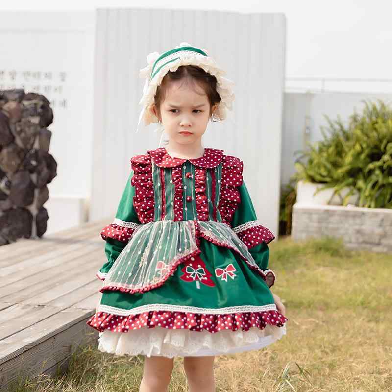キッズ 女の子 ワンピース スペイン風 宮廷風 プリンセスドレス 誕生日パーティー 発表会 フォーマル セレモニー 長袖 レース ボリュームスカート 綿 コットン ダークグリーン 春秋