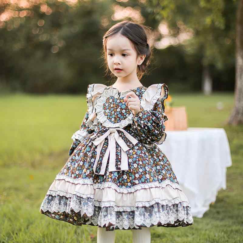 キッズ 女の子 ベビー 幼児 ロリータ スペイン プリンセスドレス ワンピース 小花柄 秋冬 長袖 ベロア レース コットン ポリエステル 田園風 発表会