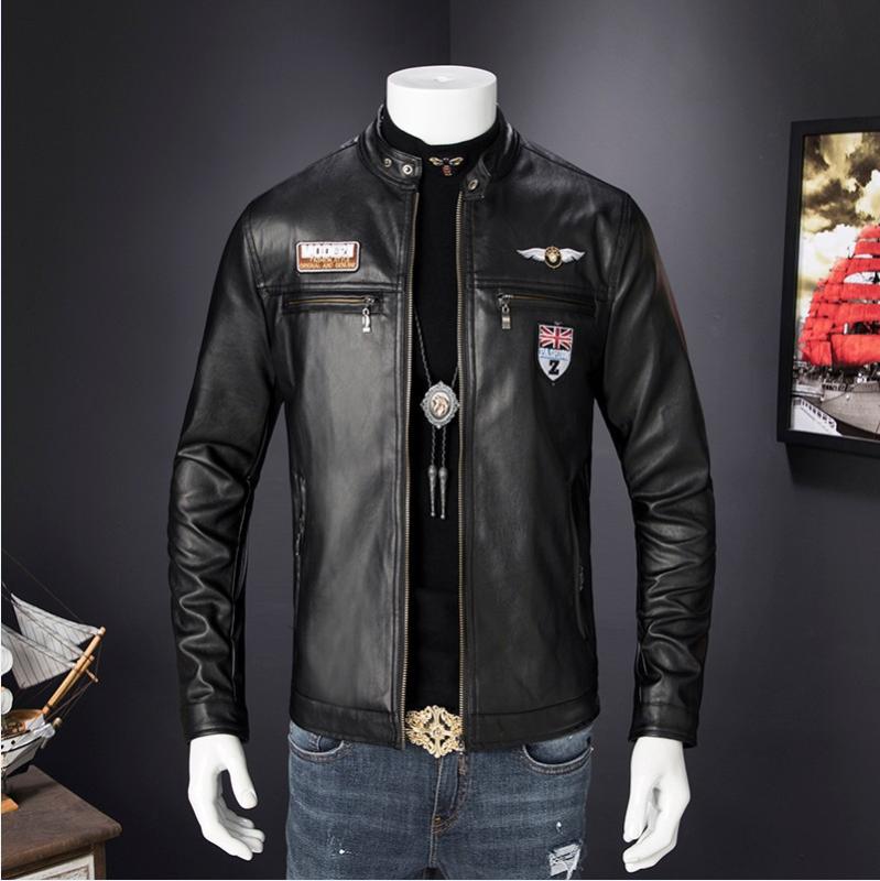 レザージャケット 革ジャン メンズ 男性用 PUレザー 合成皮革 ライダース バイカー 韓国風 カジュアル ワークスタイル スタンドカラー ジップアップ スリムフィット 細身 春秋 秋冬