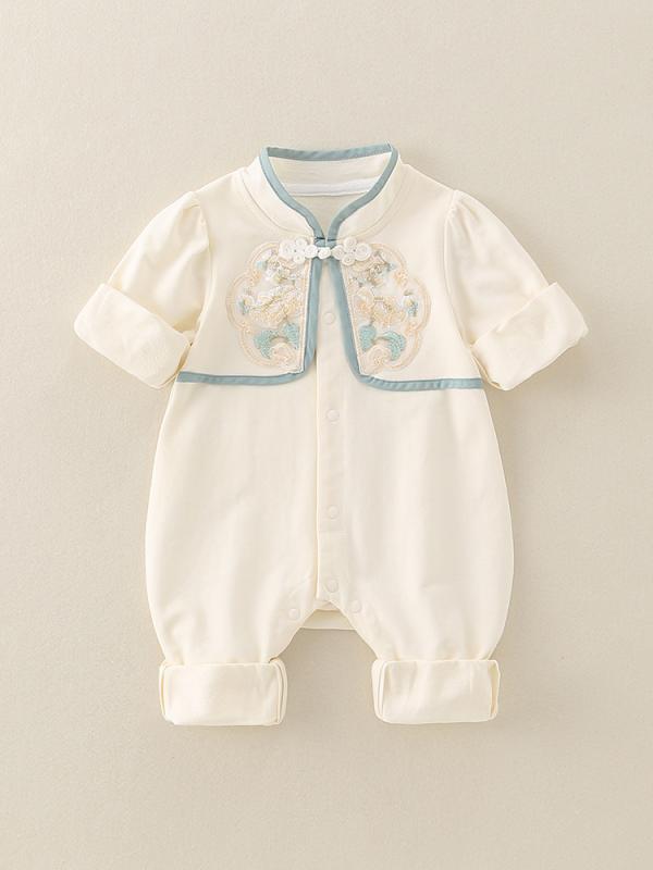 ベビー服 男女兼用 ベビー 赤ちゃん 新生児 0歳 1歳 中国風 安全基準A類 純綿 コットン 長袖 前開き ロンパース カバーオール 杏色 秋冬