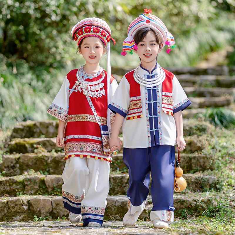 ダンス衣装 キッズ 子供服 ジュニア 少数民族風 雲南白族スタイル 幼稚園 発表会 お遊戯会 イベント ステージ パフォーマンス 綿混 ポリエステル ソフト素材 春夏 男児 女児 男女兼用