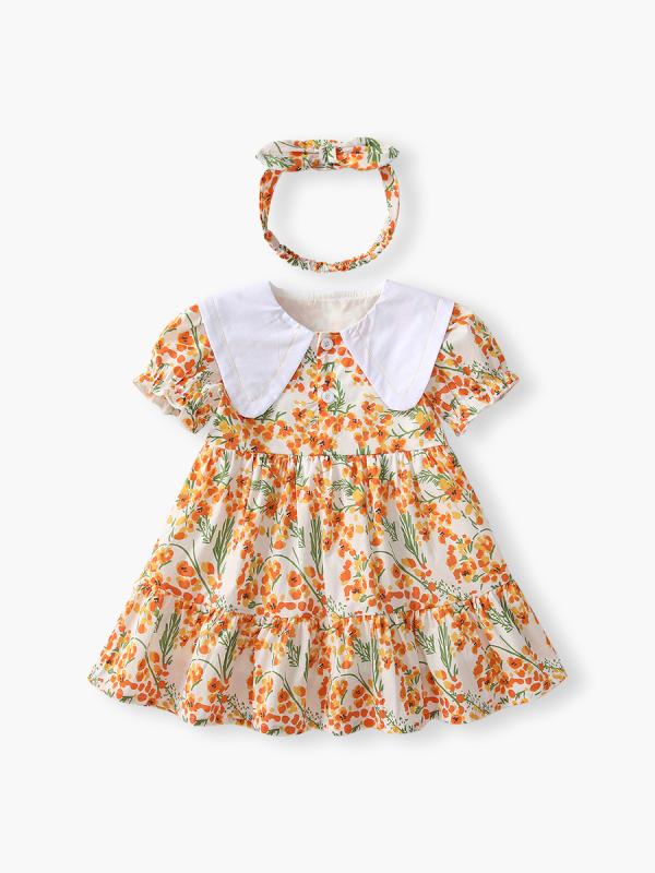ワンピース 女の子 ベビー キッズ 半袖 スクエアネック プリンセスドレス 花柄 綿 柔らか素材 切り替え 誕生日 お出かけ 夏 オレンジ