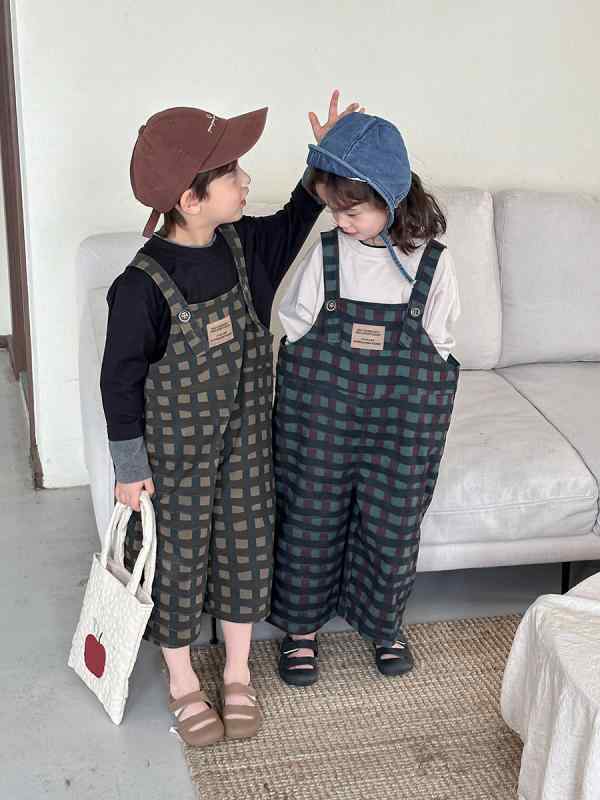 サロペット キッズ 子供 男の子 女の子 ベビー チェック柄 ゆったり オーバーオール ロンパース かわいい おしゃれ カジュアル 綿 コットン 9分丈 ハイウエスト 春秋冬 黄色 青 赤