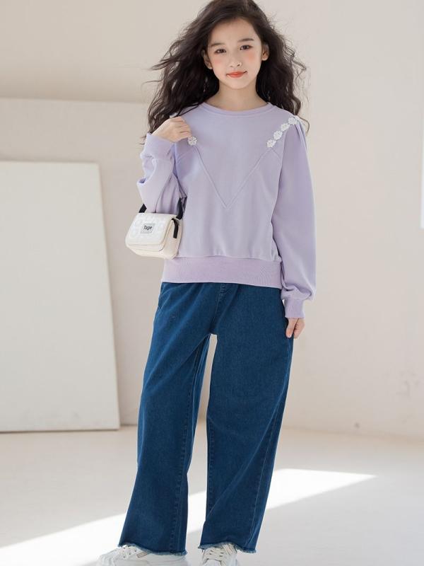 キッズ 女の子 セットアップ 長袖 ラウンドネック プルオーバースウェット ゆったり ストレート デニムパンツ 綿 春秋 カジュアル ライトパープル ベージュ