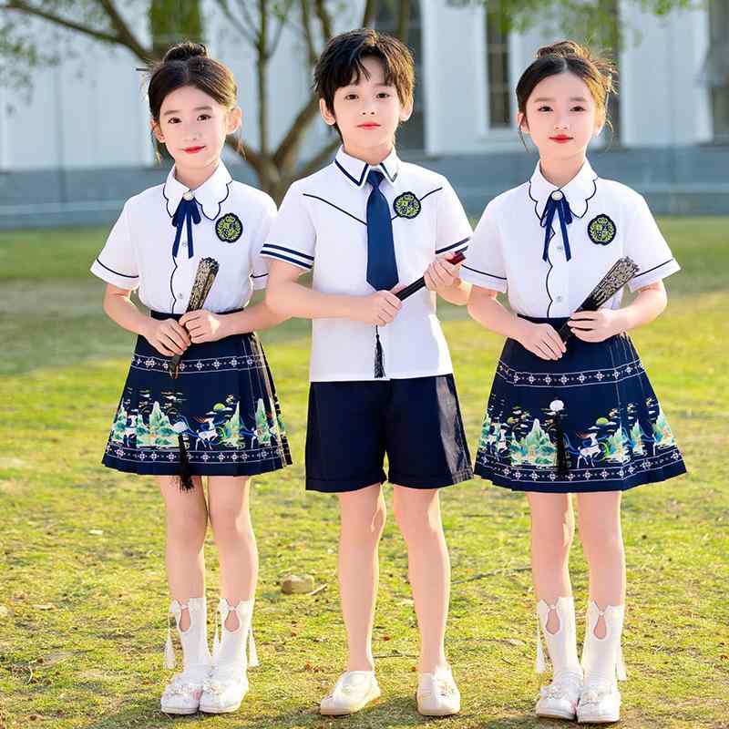 キッズ 制服 男女兼用 小学生 幼稚園 夏 中国風 馬面スカート イギリス風 半袖 セットアップ 綿素材 発表会 クラス服 イベント
