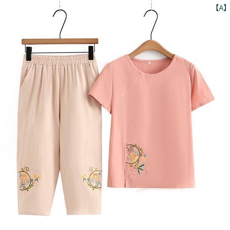 セットアップ シニア レディース ママ ミセス 夏 綿麻 半袖 トップス クロップドパンツ 刺繍 花柄 おしゃれ ゆったり 薄手 普段使い 快適 ピンク系 グリーン系 ブルー系