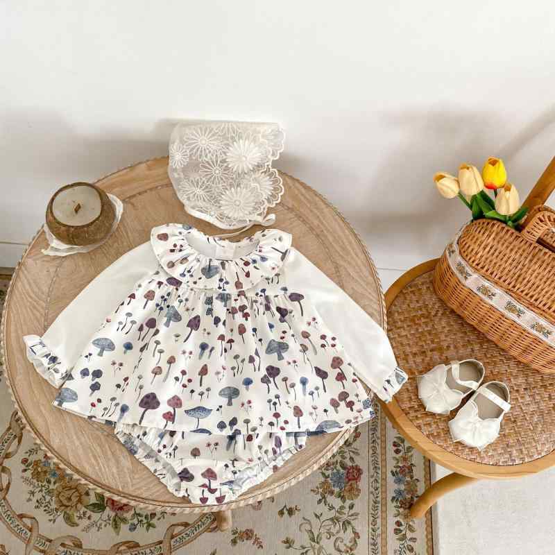 ベビー 女の子 秋冬 セットアップ きのこプリント フリル襟 長袖トップス かぼちゃパンツ 2点セット 綿混 オフホワイト 普段使い かわいい