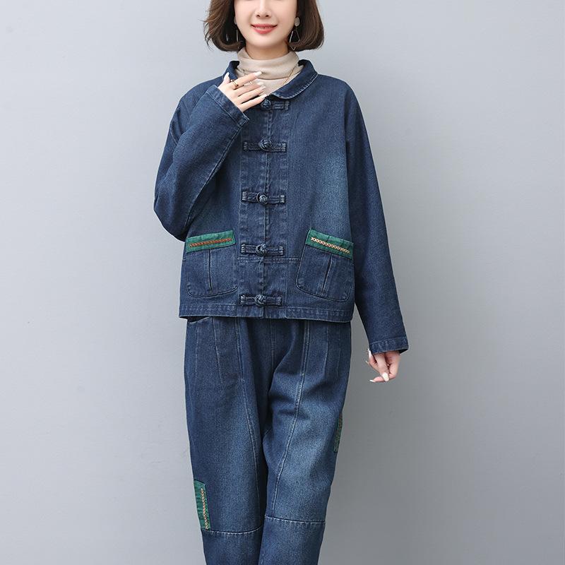 カジュアルセットアップ レディース 春秋 デニム ミセス 中高年 女性向け コットン レーヨン素材 ジャケット トップス ツーピース 新チャイナ風 おしゃれ カジュアル 普段使い お出かけ 体型カバー ポケット付き|あじゅり
