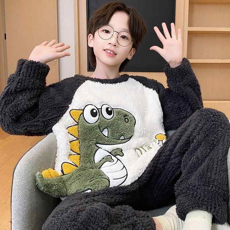 パジャマ 男の子 キッズ ベビー ルームウェア フランネル サンゴフリース 恐竜柄 セットアップ 裏起毛 厚手 暖かい 保温 秋冬 かわいい 柔らかい