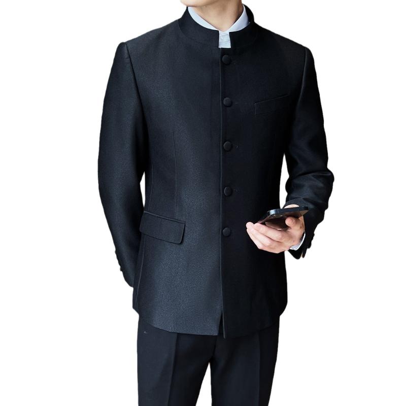中山服 男性用 秋冬 新中国風 立ち襟 スタンドカラー 民族調 礼装 フォーマル セットアップ スーツ 結婚式 慶事 父親 シニア 高齢者 コットンブレンド ポリエステル 黒