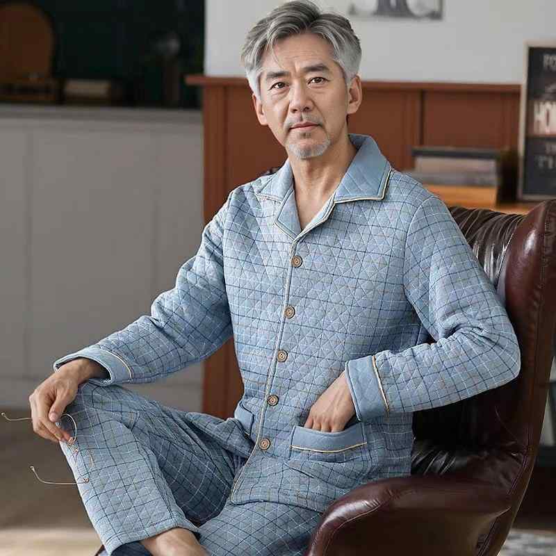 パジャマ メンズ 男性用 秋冬 前開き 襟付き 長袖 長ズボン エアーコットン あったか 保温 キルティング 中綿入り 大きいサイズ ゆったり セットアップ 中高年 シニア ルームウェア 部屋着 シンプル