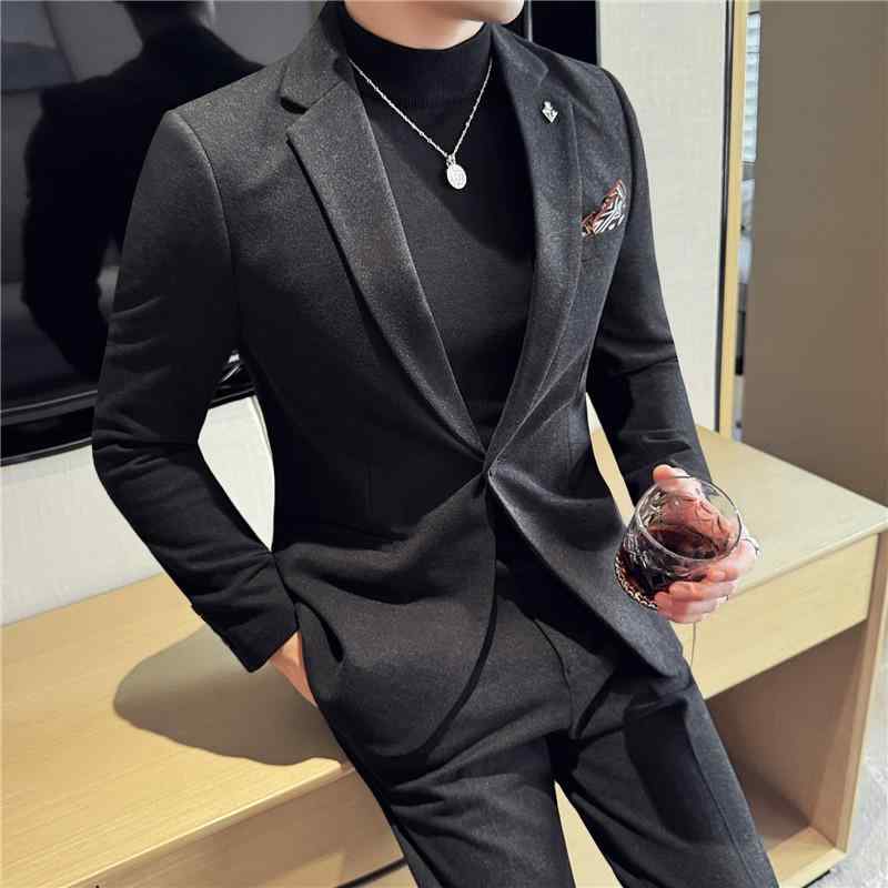 スーツ メンズ 男性用 秋冬 厚手 混紡素材 カジュアル ビジネス 通勤 結婚式 韓国風 スリム 細身 高級感 ブラック セットアップ