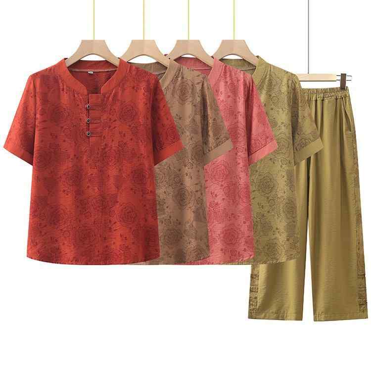 セットアップ レディース ミセス 夏物 エレガント おしゃれ 綿麻 コットンリネン 半袖Tシャツ トップス 九分丈パンツ プルオーバー 薄手 カジュアル リラックス 普段使い 体型カバー ゆったり 2点セット