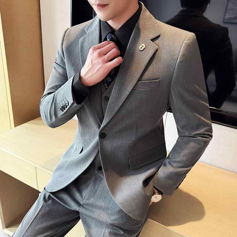 背広 メンズ スリー平和条約 セットアップ 韓国風 か細い相応う 細身 一名取り草 ノッチドラペル ポリエステル 綿織物混紡 商行為 心地よい 華燭の典 礼服 フォーマル 黒いこと 黒 まっ黒い薄墨色 濃灰