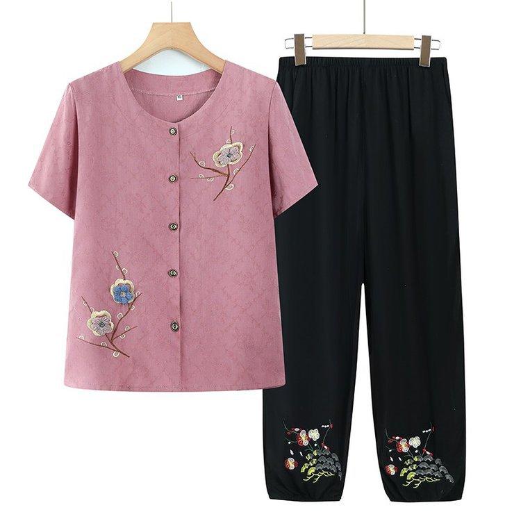 セットアップ レディース シニア 女性用 ミセス 春夏 綿麻 コットンリネン 半袖 ブラウス 九分丈パンツ 刺繍 ゆったり 普段使い お出かけ 旅行 リラックスウェア 快適 小柄 低身長向け