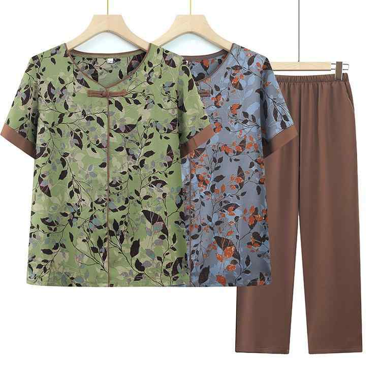 セットアップ レディース ミセス 夏 半袖 Tシャツ プルオーバー 2点セット 花柄 薄手 綿混 ゆったり カジュアル 九分丈パンツ ポケット