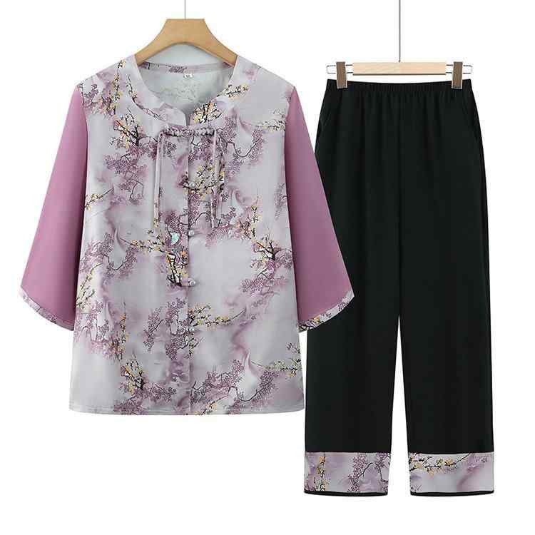 セットアップ レディース ミセス シニア 春夏 中華風 シフォン 花柄 薄手 ゆったり トップス ブラウス 普段使い お出かけ パープル スカイブルー