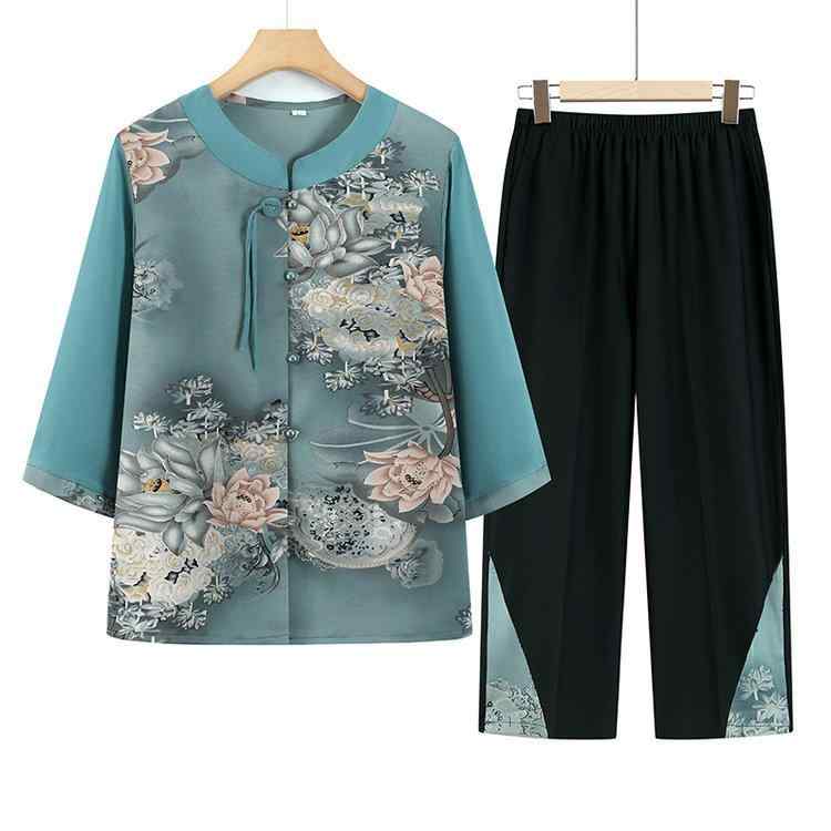 セットアップ レディース シニア ミセス 女性用 夏 7分袖 ブラウス シャツ パンツ ツーピース 花柄 シフォン ゆったり 体型カバー 薄手 9分丈 カジュアル