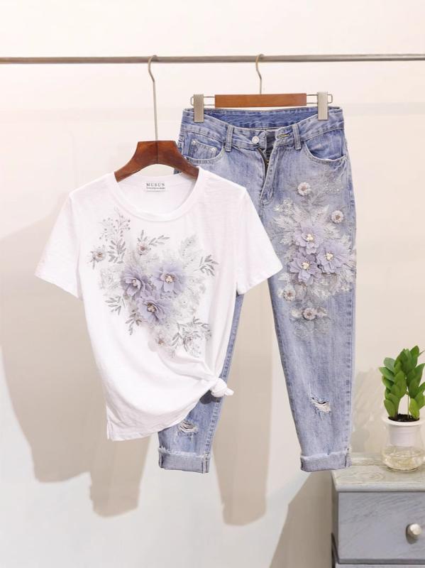 デニムセットアップ レディース カジュアル ツーピース 半袖Tシャツ トップス ビーズ装飾 刺繍 立体花柄 ダメージ加工 アンクル丈パンツ ボトムス 綿混 コットン 春夏 ホワイト ブラック ピンク系