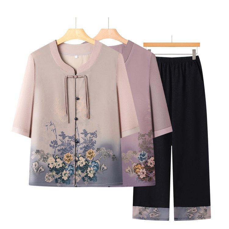 セットアップ レディース 中高年 ミセス ママ 祖母 夏 五分袖Tシャツ トップス 九分丈パンツ ゆったり シフォン 花柄 薄手 カジュアル ツーピース パープル ブルー