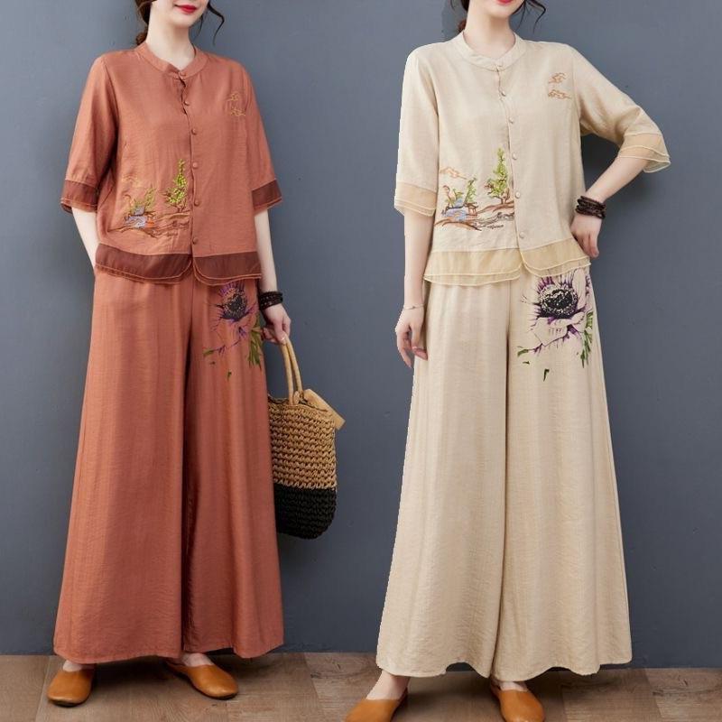 セットアップ ミセス レディース 夏 刺繍 花柄 半袖 トップス ワイドパンツ ゆったり 体型カバー ポリエステル 普段着 お出かけ ママファッション グレー オレンジ ブルー ベージュ