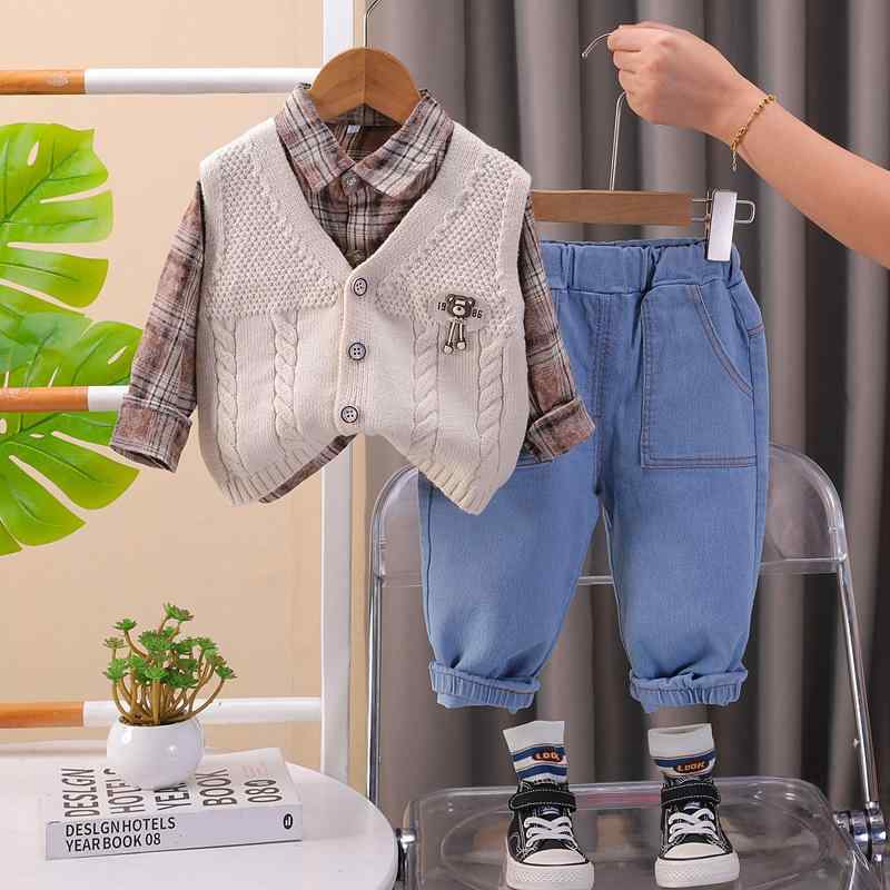 ベビー服 男の子 クマ柄 ベスト スリーピース セットアップ 長袖トップス ロングパンツ 綿 おしゃれ かわいい 春秋 ベージュ 普段着 お出かけ カジュアル