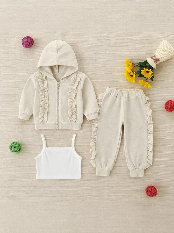セットアップ 女の子 子供服 中小童 秋 カジュアルスタイル フード付き 長袖トップス ベスト ロングパンツ 3点セット 綿 コットン アイボリー 普段使い お出かけ 通園