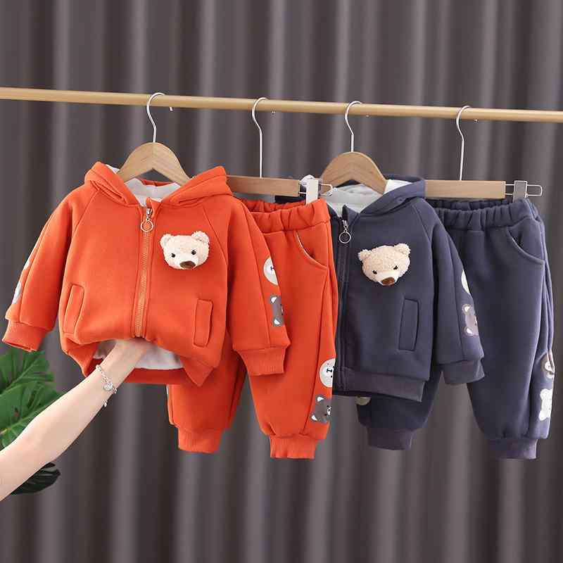 キッズ 男の子 女の子 ベビー セットアップ 裏起毛 厚手 ジップアップパーカー 長ズボン 秋冬 カジュアル クマ柄 綿 普段着 かわいい