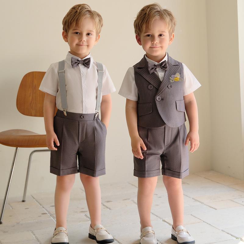 キッズ 男の子 スーツ セットアップ ショートパンツ 半袖 春夏 柔らかな肌触り ポリエステル ストライプ柄 ブリティッシュスタイル 発表会 演奏会 司会 撮影 誕生日 結婚式 礼服 フォーマル