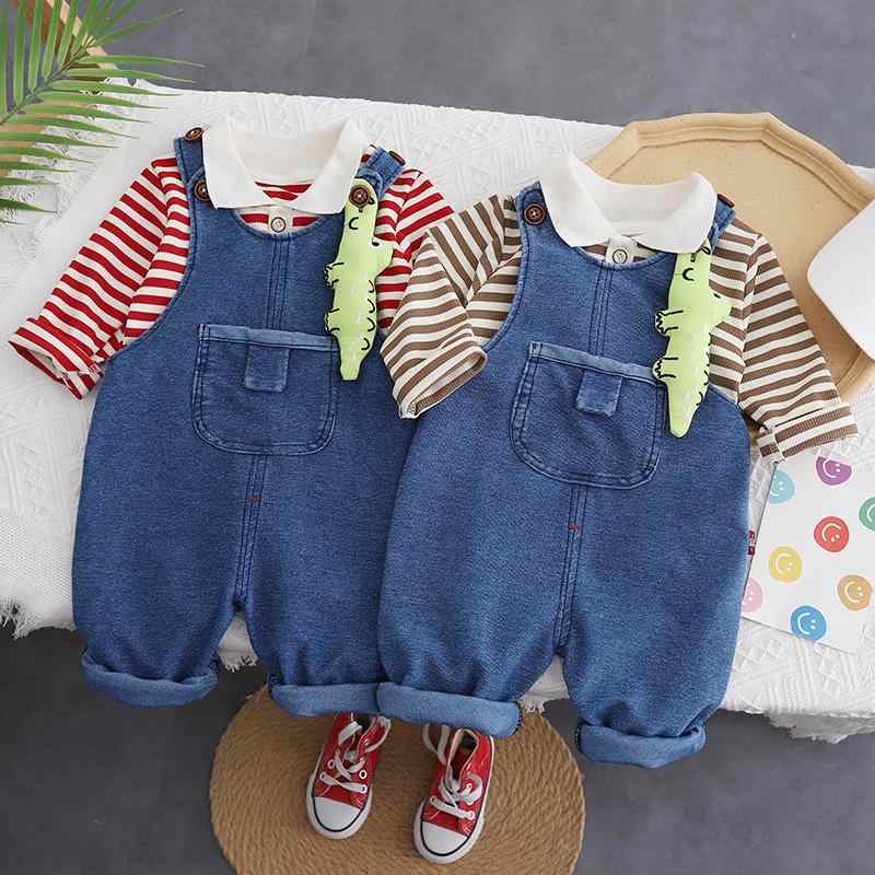 ベビー服 男の子 ストライプ柄 長袖 トップス Tシャツ デニム サロペット オーバーオール パンツ 2点セット セットアップ おしゃれ コットン ワニ柄 カジュアル 普段着 春秋