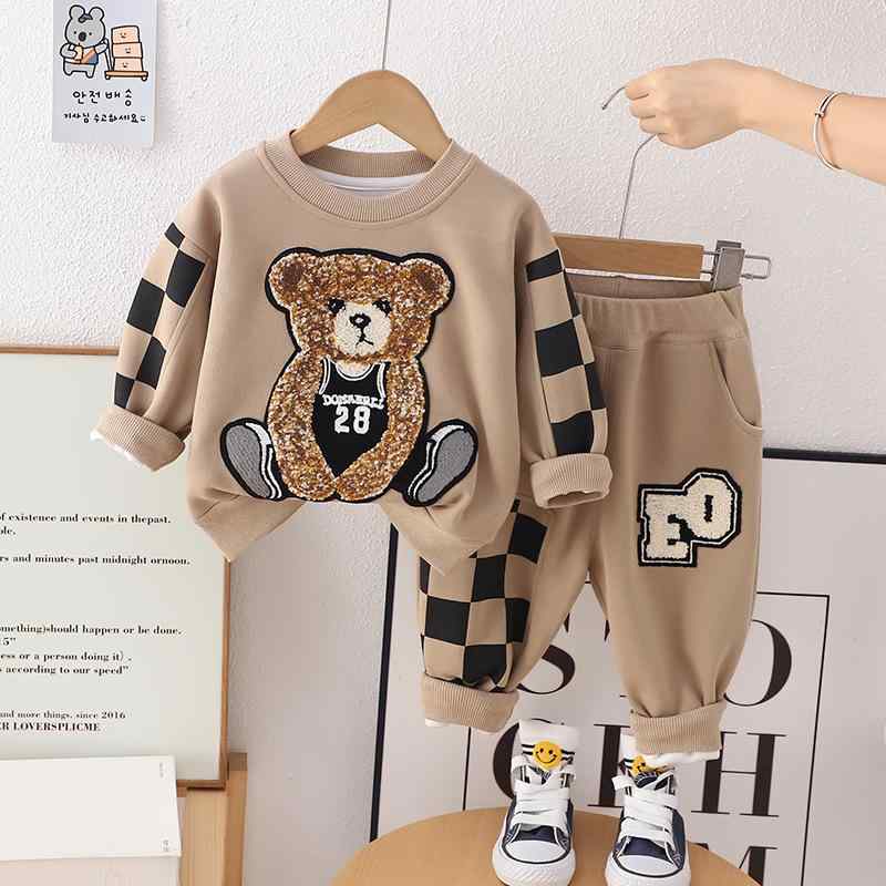 スウェット キッズ 男の子 ベビー 子供服 セットアップ パンツ くま刺繍 キャラクター チェック柄 コットン 綿 柔らかい肌触り 韓国風 カジュアル ブラック コーヒー 春秋