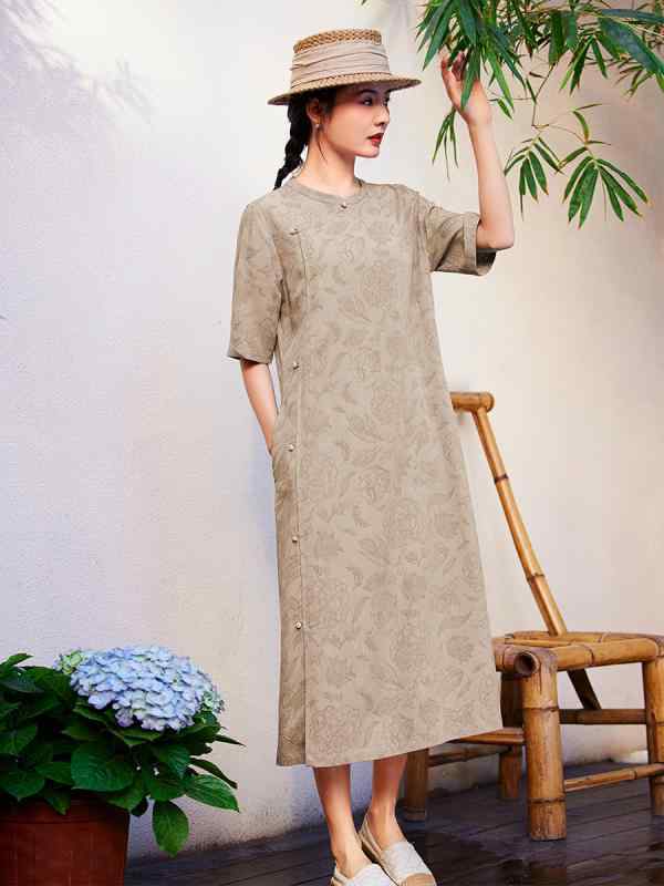 衣装 レディース 春夏 禅意表現スタイル 組み換える瀬戸もの御召しもの 照明ランプ色つや 五分袖 十独居室 麻 花柄 ジャカード織り ロング丈 A伝達ルート 細長い切口 窈窕たる 伸び伸びする カーキ