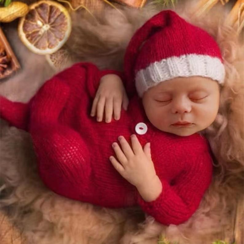 ベビーコスチューム 新生児 ベビー 男女兼用 韓国風 クリスマス 仮装 衣装 写真撮影 記念撮影 お宮参り ニット モヘア ロンパース カバーオール 長袖 フード付き ボタン留め 赤 レッド