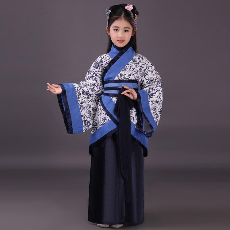 漢服 女児用 キッズ 中国伝統衣装 青花磁器柄 曲裾 プリンセスドレス 発表会 舞台 演奏会 イベント ダンス コスプレ衣装 ブルー系