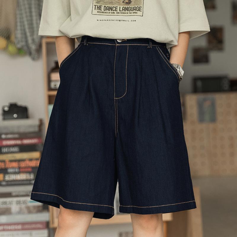デニム レディース 日系 ワイドパンツ ショートパンツ ハーフパンツ 五分丈 ハイウエスト 薄手 コットン ウォッシュ加工 夏 普段使い カジュアル 濃紺 ダークブルー