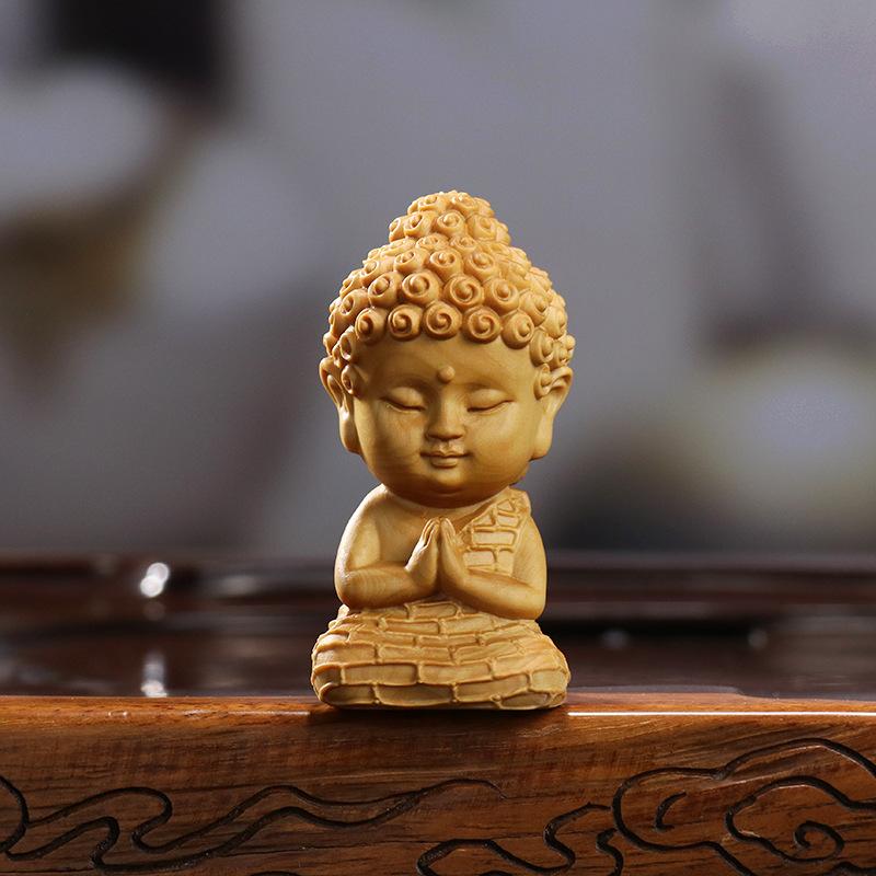 置物 黄楊木彫り 中国風 蓮台 釈迦 赤ちゃん仏 デフォルメ 神像 仏像 開運 縁起物 インテリア 雑貨 オブジェ 手彫り 癒し 瞑想 卓上飾り