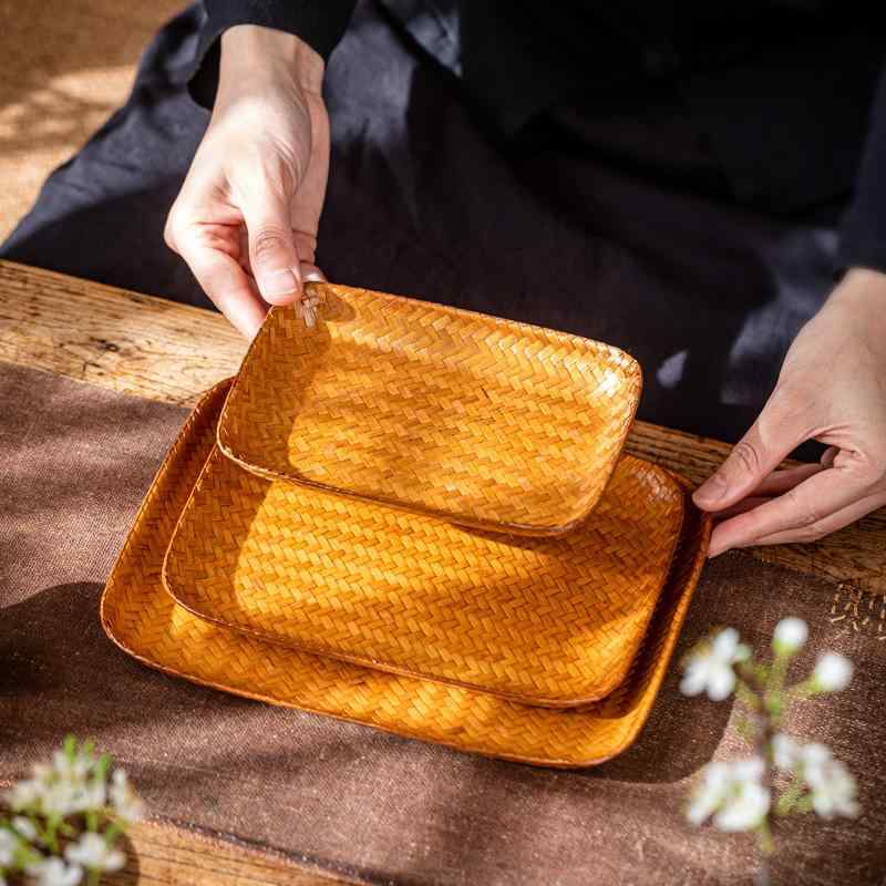 菓子皿 竹編み 中華風 宋風 茶菓子器 フルーツ皿 小鉢 ウェディング おやつトレイ 竹製 ミニかご 手提げ籠 来客用 おもてなし おしゃれ 和モダン