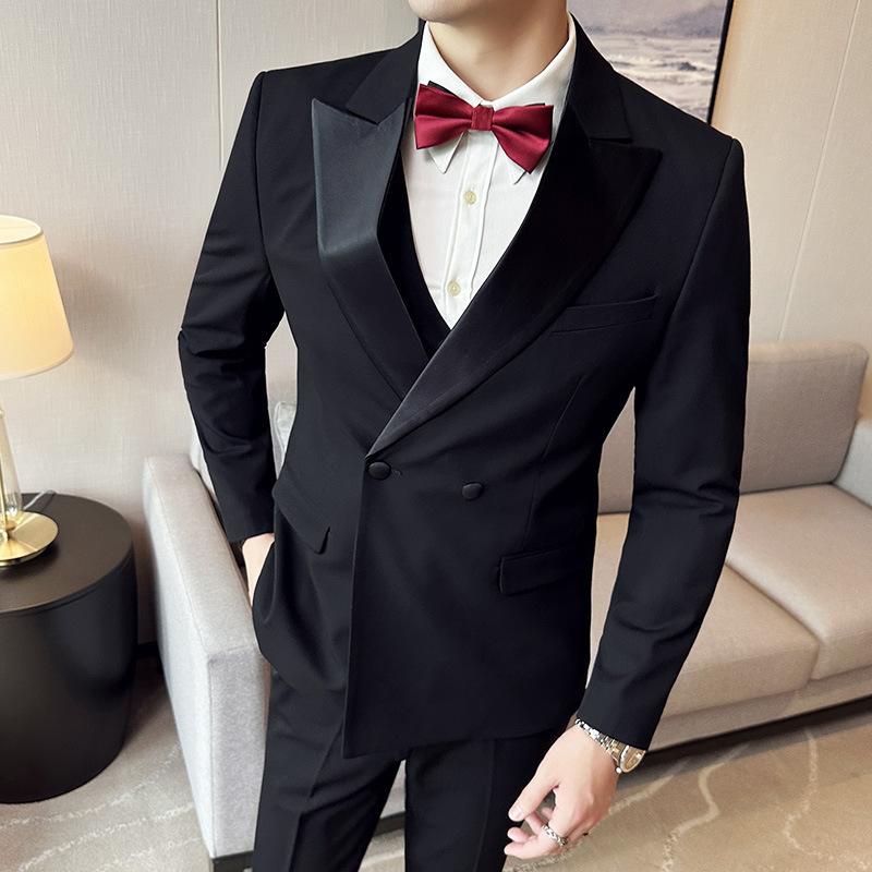 スーツ メンズ ダブルブレスト ツーピース スリムフィット 結婚式 ビジネス 宴会 パーティー カジュアル ジャケット スラックス 高級感 シワになりにくい イージーケア ポリエステル ブラック 8,483円