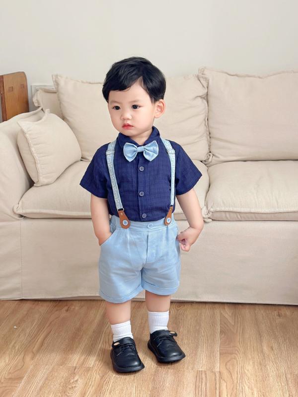 キッズ 男の子 夏服 ブリティッシュ 紳士風 セットアップ サロペット 半袖 短パン 格子柄 蝶ネクタイ 2点セット コットン 薄手 お出かけ 普段使い カジュアル ダークブルー
